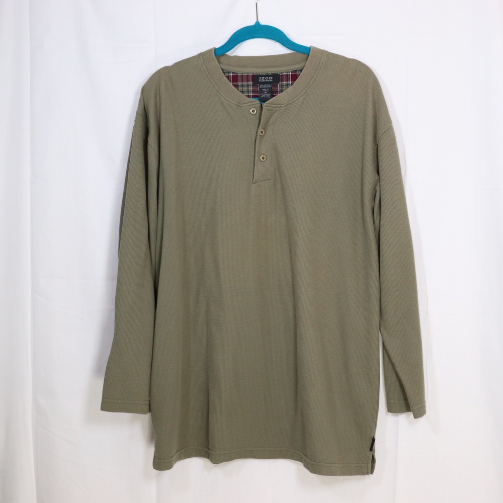IZOD Henley Sleepwear Mens Medium Olive Green Waffle Knit Plaid Trim Long Sleeve
